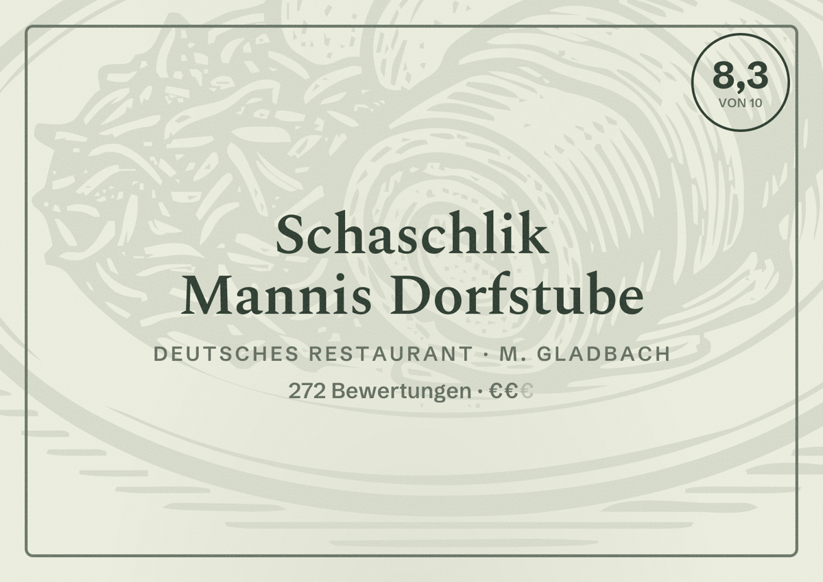Illustriertes Poster von Schaschlik Mannis Dorfstube, Deutsches Restaurant in M. Gladbach: Bewertung 8,3 von 10 aus 272 Bewertungen, Preisniveau €€