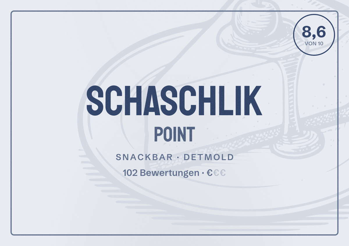 Illustriertes Poster von Schaschlik Point, Snackbar in Detmold: Bewertung 8,6 von 10 aus 102 Bewertungen, Preisniveau €