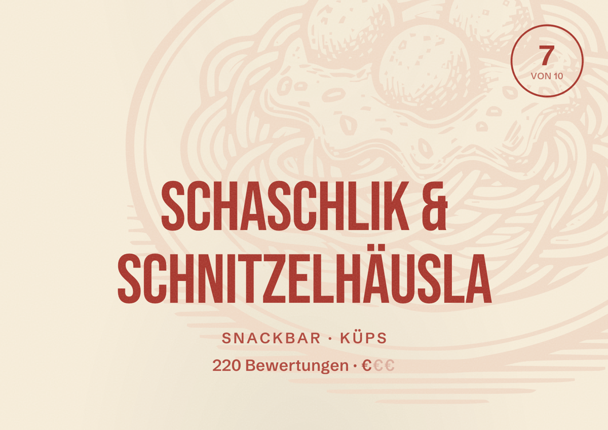 Illustriertes Poster von Schaschlik & Schnitzelhäusla, Snackbar in Küps: Bewertung 7 von 10 aus 220 Bewertungen, Preisniveau €