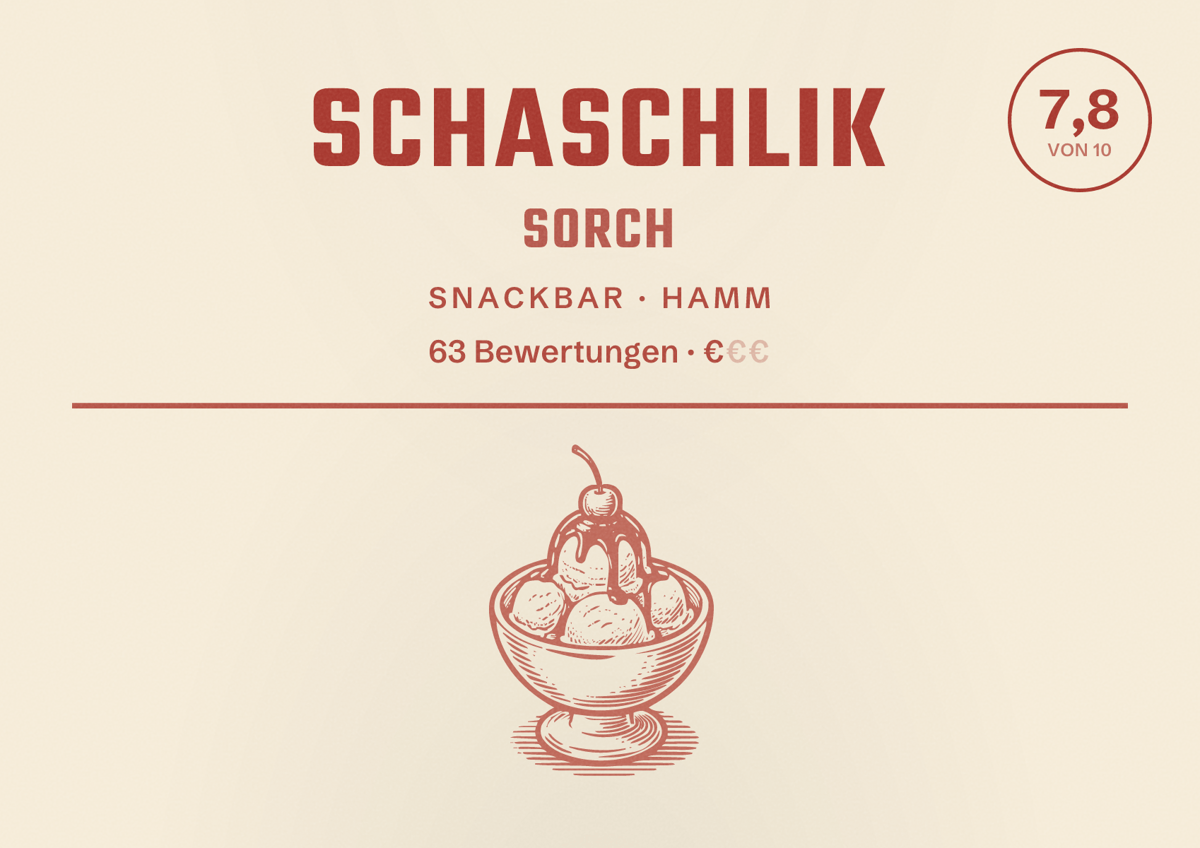Illustriertes Poster von Schaschlik Sorch, Snackbar in Hamm: Bewertung 7,8 von 10 aus 63 Bewertungen, Preisniveau €