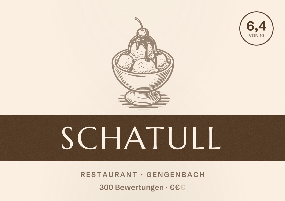 Illustriertes Poster von Schatull, Restaurant in Gengenbach: Bewertung 6,4 von 10 aus 300 Bewertungen, Preisniveau €€