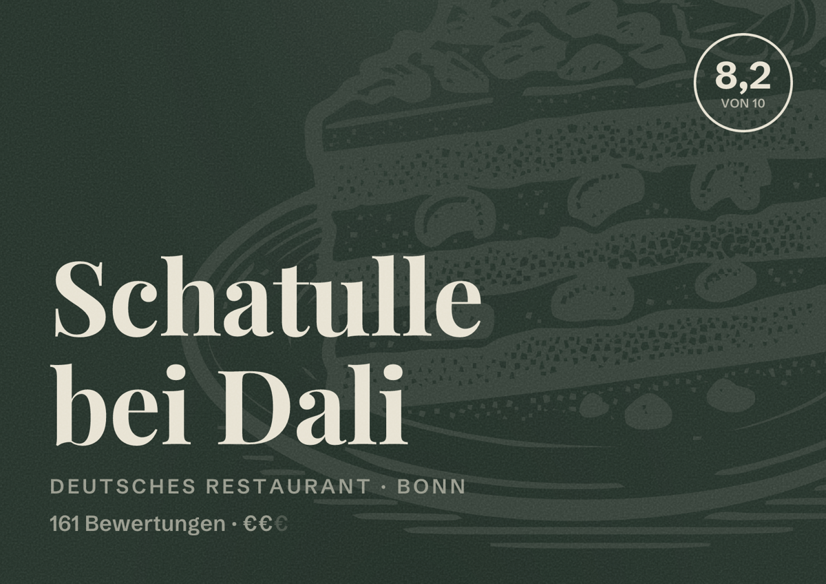 Illustriertes Poster von Schatulle bei Dali, Deutsches Restaurant in Bonn: Bewertung 8,2 von 10 aus 161 Bewertungen, Preisniveau €€