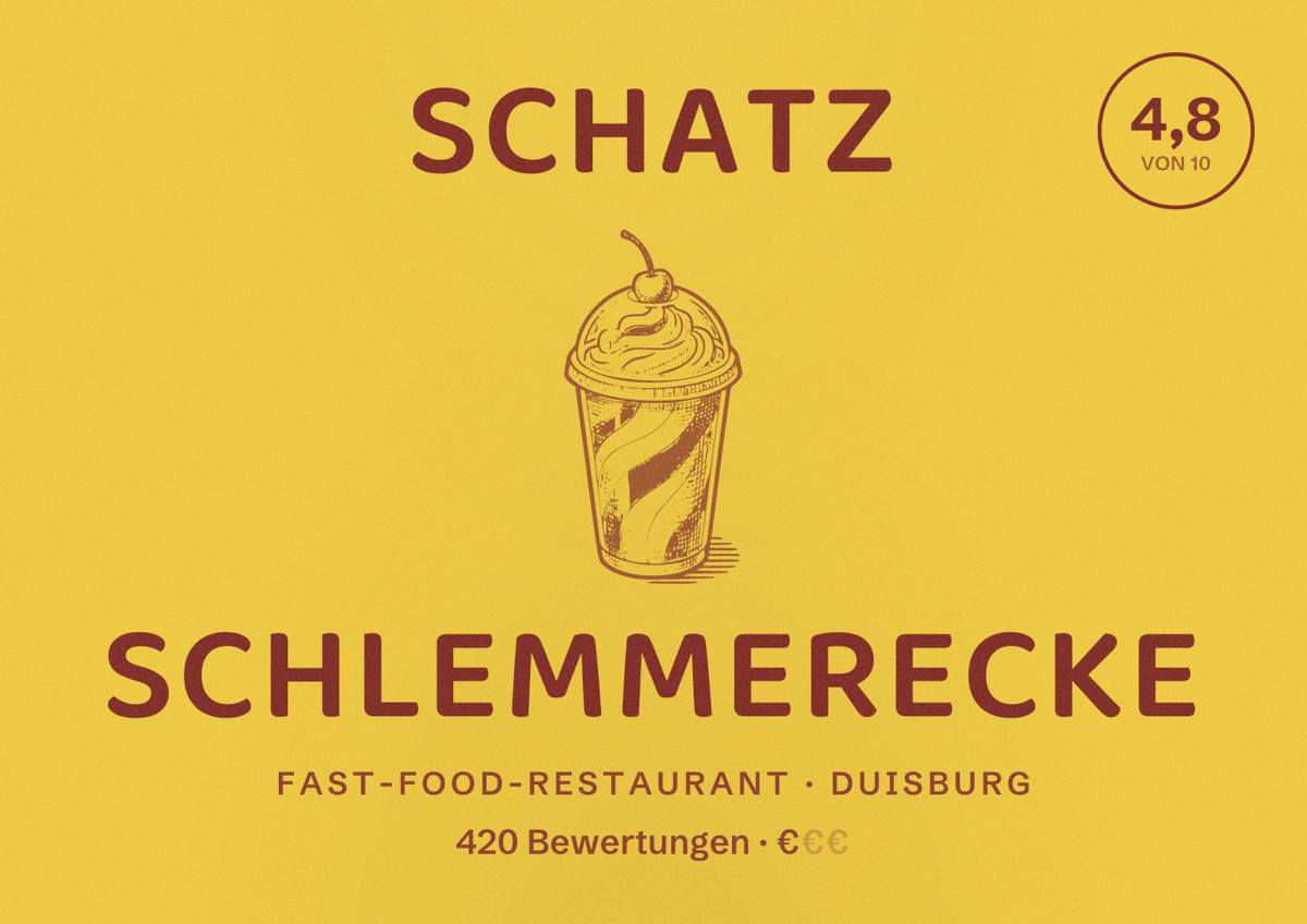 Illustriertes Poster von Schatz Schlemmerecke, Fast-Food-Restaurant in Duisburg: Bewertung 4,8 von 10 aus 420 Bewertungen, Preisniveau €