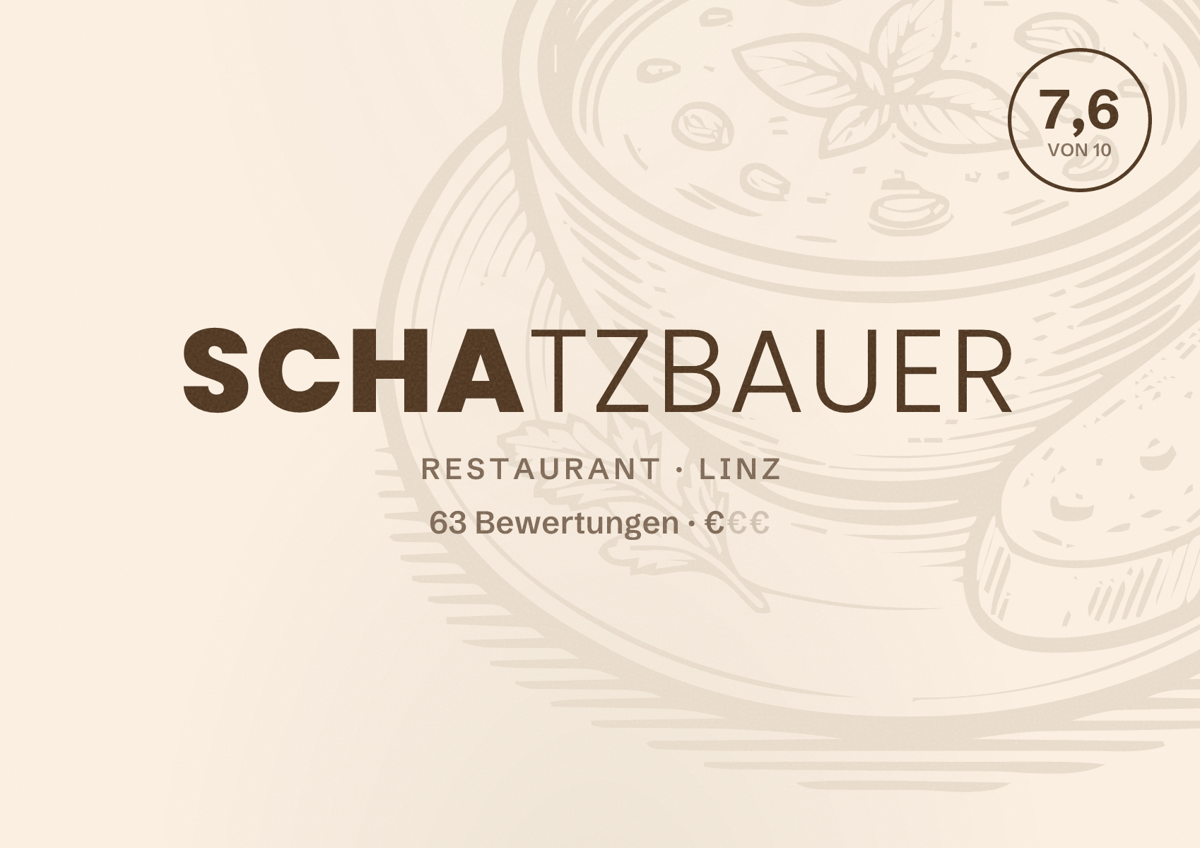 Illustriertes Poster von Schatzbauer, Restaurant in Linz: Bewertung 7,6 von 10 aus 63 Bewertungen, Preisniveau €
