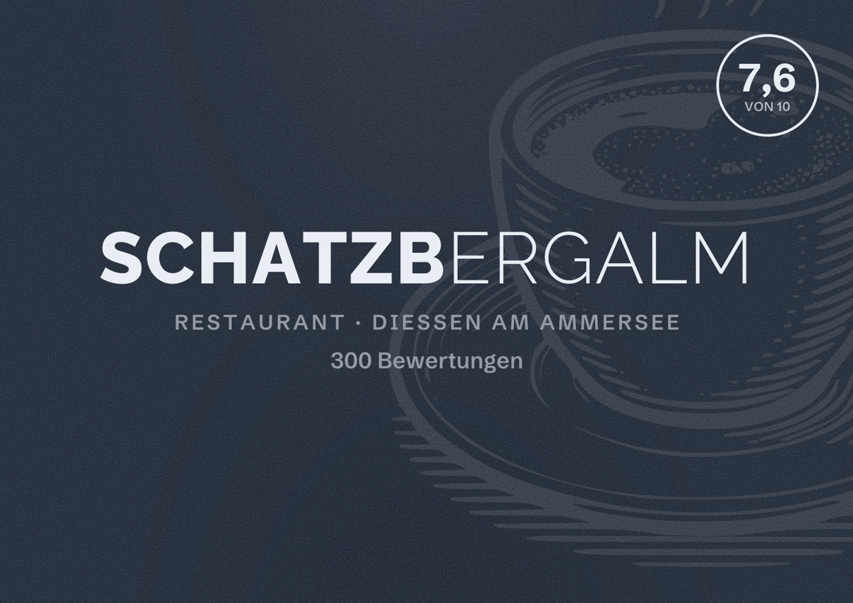 Illustriertes Poster von Schatzbergalm, Restaurant in Dießen am Ammersee: Bewertung 7,6 von 10 aus 300 Bewertungen