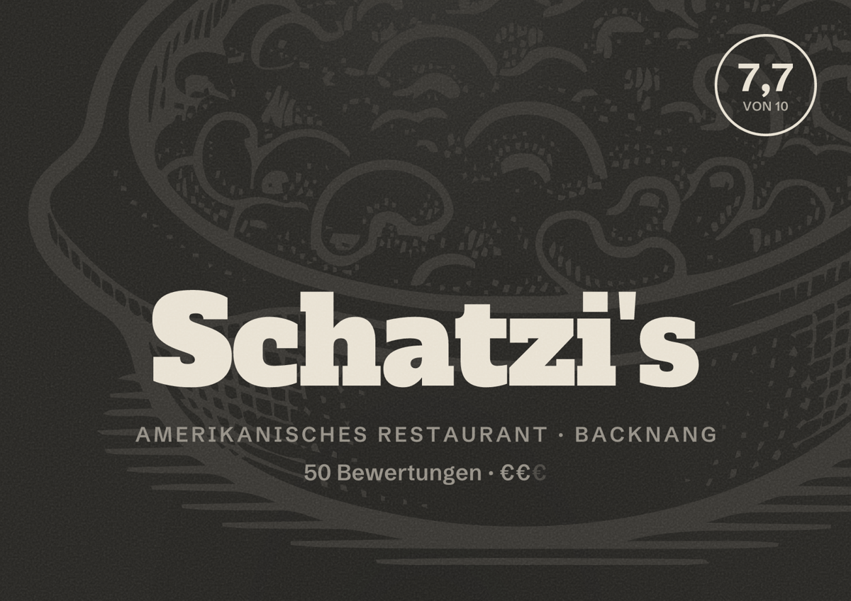 Illustriertes Poster von Schatzi's, Amerikanisches Restaurant in Backnang: Bewertung 7,7 von 10 aus 50 Bewertungen, Preisniveau €€