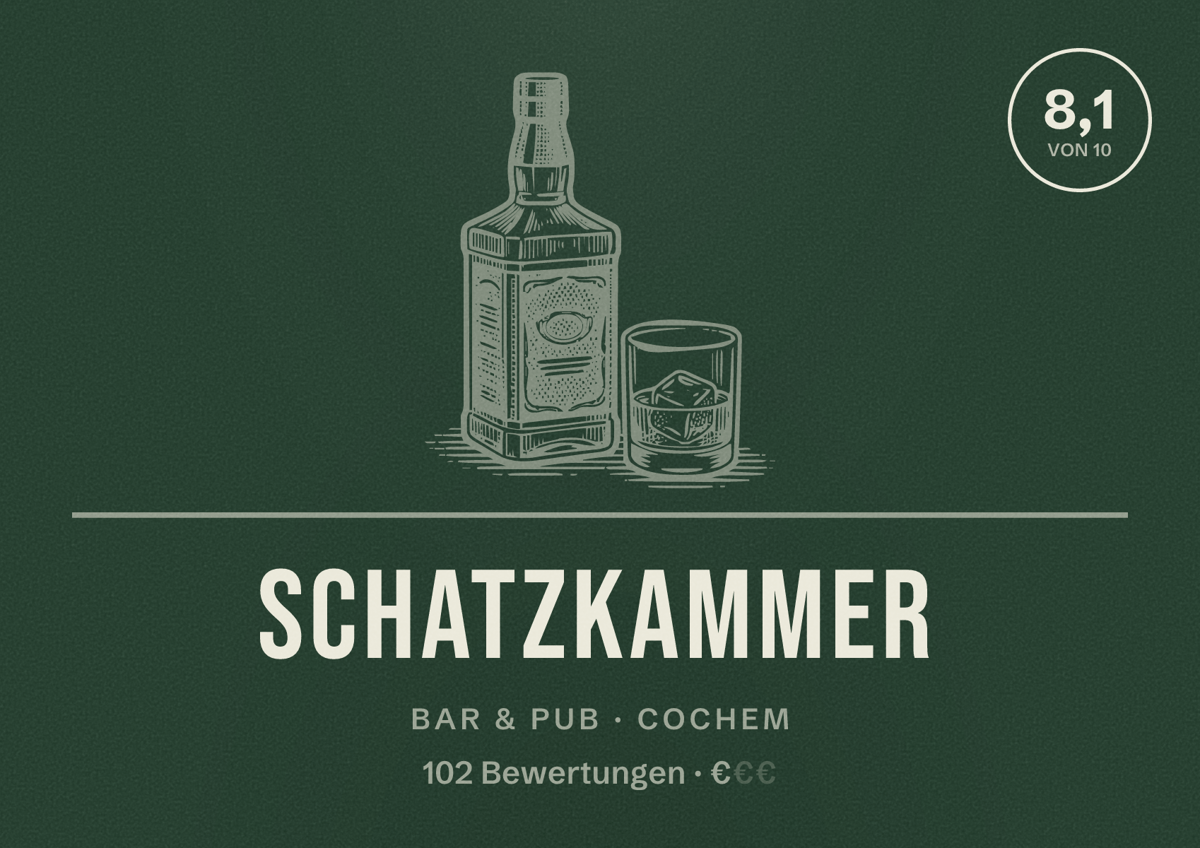Illustriertes Poster von Schatzkammer, Bar & Pub in Cochem: Bewertung 8,1 von 10 aus 102 Bewertungen, Preisniveau €