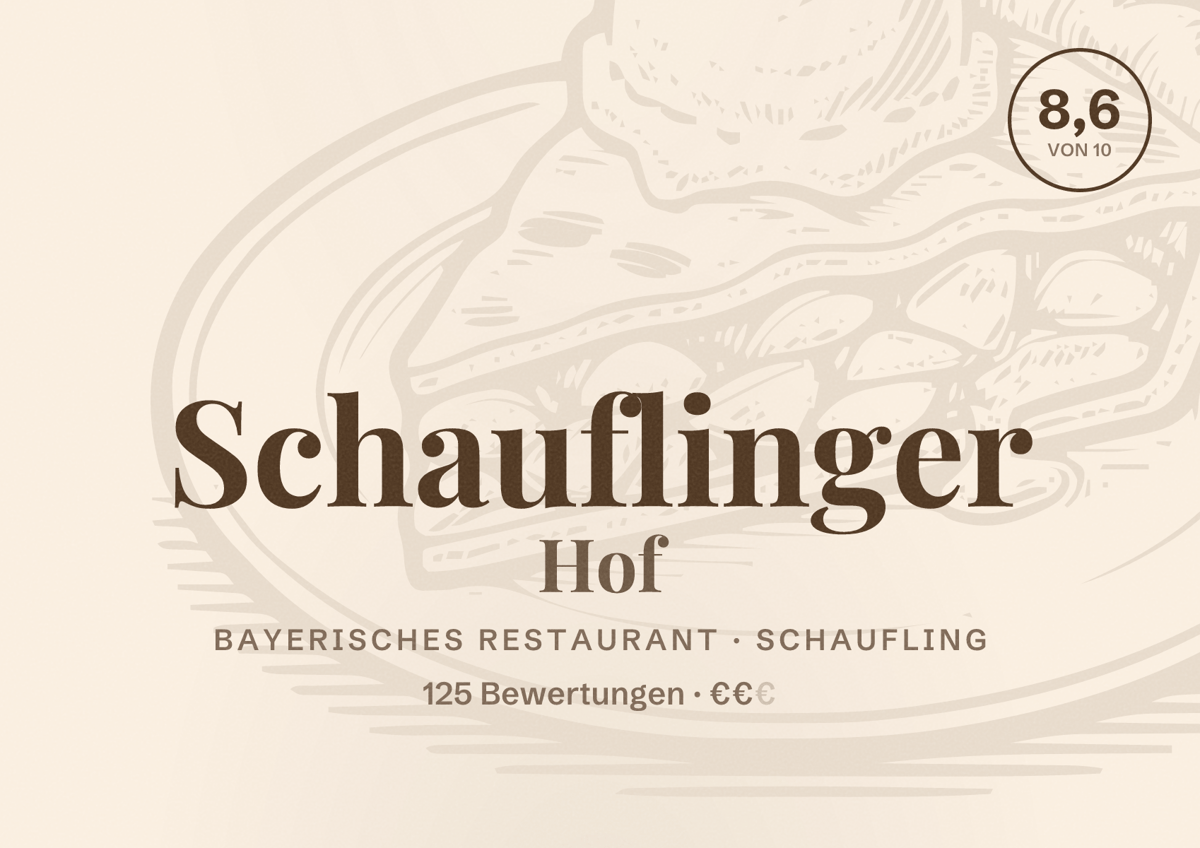 Illustriertes Poster von Schauflinger Hof, Bayerisches Restaurant in Schaufling: Bewertung 8,6 von 10 aus 125 Bewertungen, Preisniveau €€