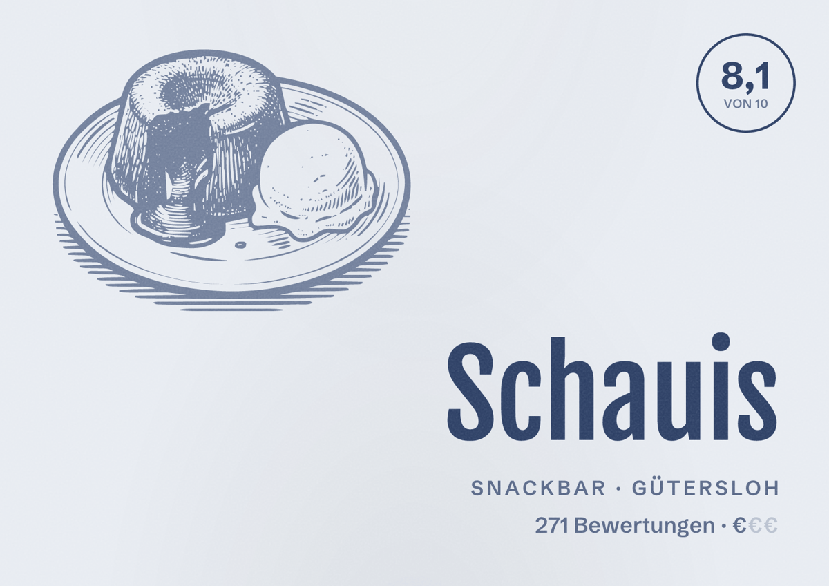 Illustriertes Poster von Schauis, Snackbar in Gütersloh: Bewertung 8,1 von 10 aus 271 Bewertungen, Preisniveau €