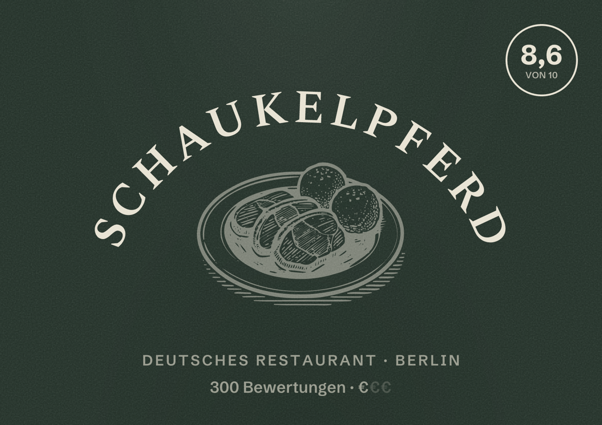 Illustriertes Poster von Schaukelpferd, Deutsches Restaurant in Berlin: Bewertung 8,6 von 10 aus 300 Bewertungen, Preisniveau €