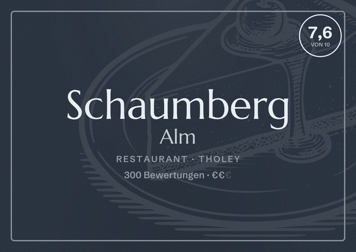 Illustriertes Poster von Schaumberg Alm, Restaurant in Tholey: Bewertung 7,6 von 10 aus 300 Bewertungen, Preisniveau €€
