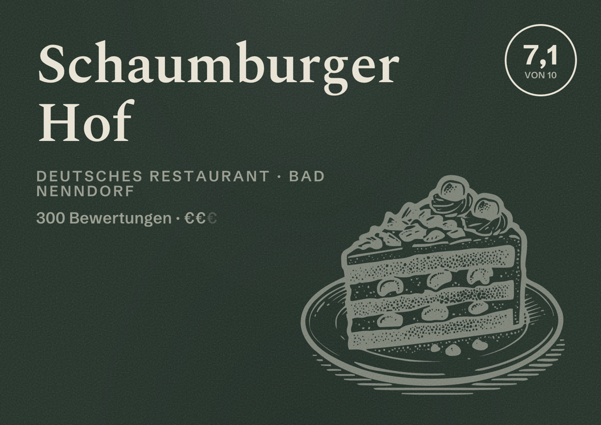Illustriertes Poster von Schaumburger Hof, Deutsches Restaurant in Bad Nenndorf: Bewertung 7,1 von 10 aus 300 Bewertungen, Preisniveau €€