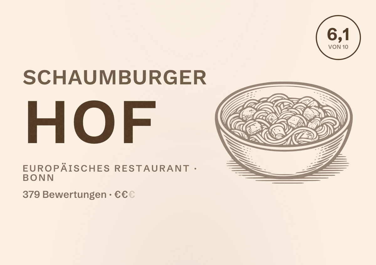 Illustriertes Poster von Schaumburger Hof, Europäisches Restaurant in Bonn: Bewertung 6,1 von 10 aus 379 Bewertungen, Preisniveau €€