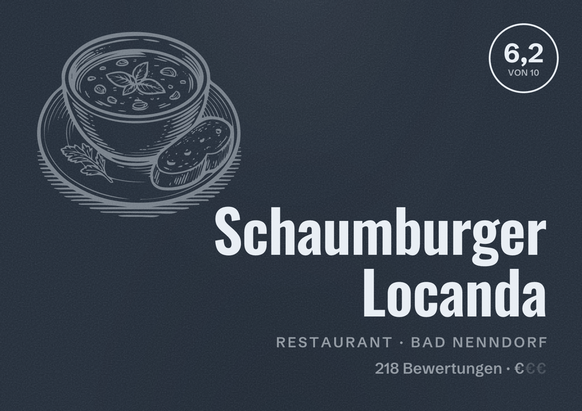 Illustriertes Poster von Schaumburger Locanda, Restaurant in Bad Nenndorf: Bewertung 6,2 von 10 aus 218 Bewertungen, Preisniveau €