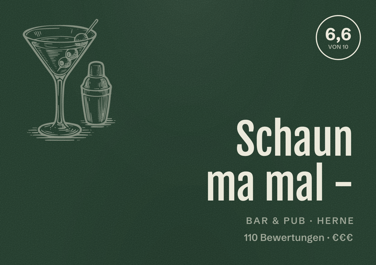 Illustriertes Poster von Schaun ma mal -, Bar & Pub in Herne: Bewertung 6,6 von 10 aus 110 Bewertungen, Preisniveau €€€