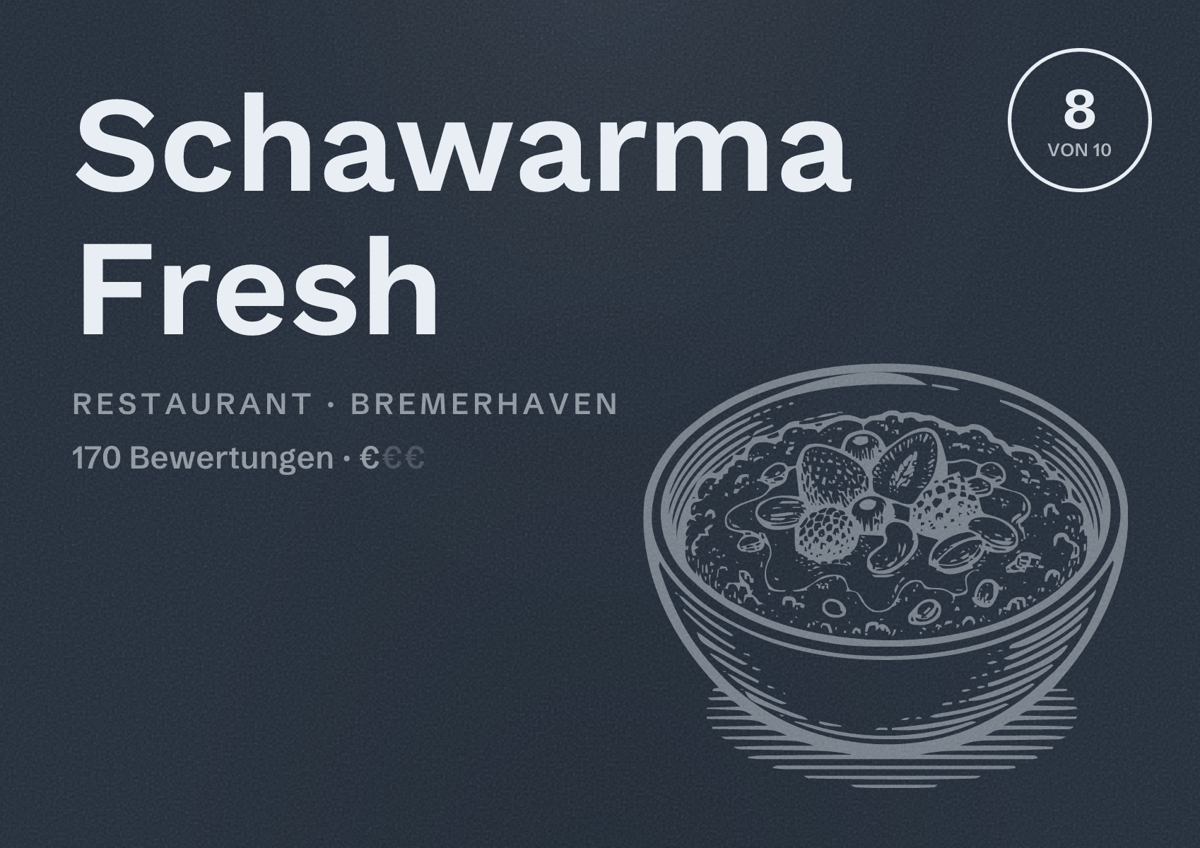 Illustriertes Poster von Schawarma Fresh, Restaurant in Bremerhaven: Bewertung 8 von 10 aus 170 Bewertungen, Preisniveau €