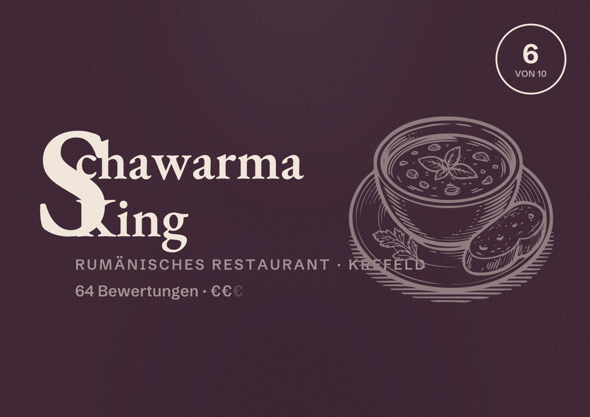 Illustriertes Poster von Schawarma King, Rumänisches Restaurant in Krefeld: Bewertung 6 von 10 aus 64 Bewertungen, Preisniveau €€