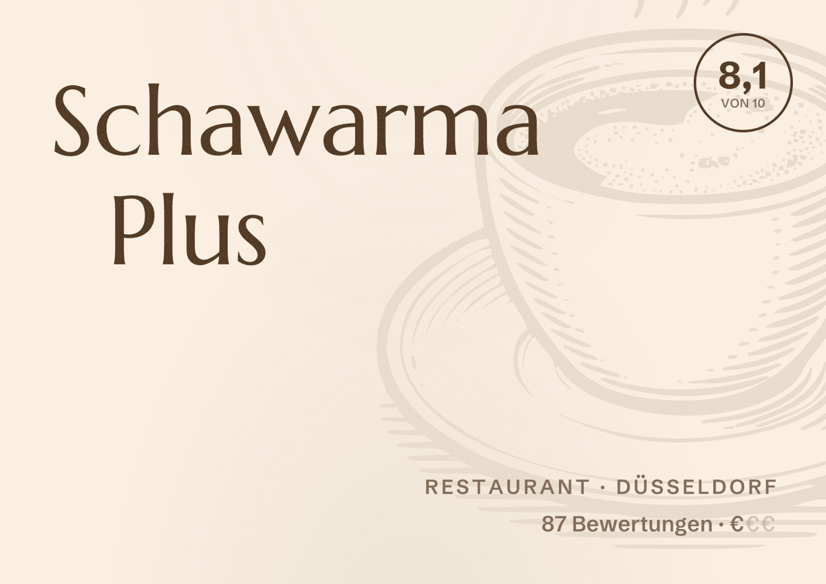 Illustriertes Poster von Schawarma Plus, Restaurant in Düsseldorf: Bewertung 8,1 von 10 aus 87 Bewertungen, Preisniveau €
