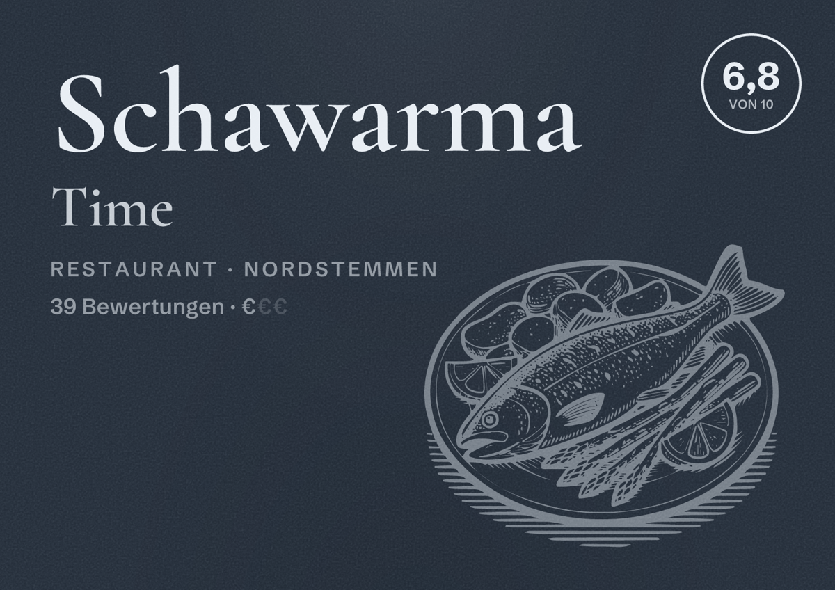 Illustriertes Poster von Schawarma Time, Restaurant in Nordstemmen: Bewertung 6,8 von 10 aus 39 Bewertungen, Preisniveau €