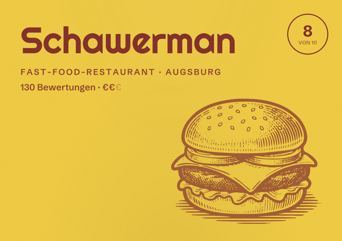 Illustriertes Poster von Schawerman, Fast-Food-Restaurant in Augsburg: Bewertung 8 von 10 aus 130 Bewertungen, Preisniveau €€