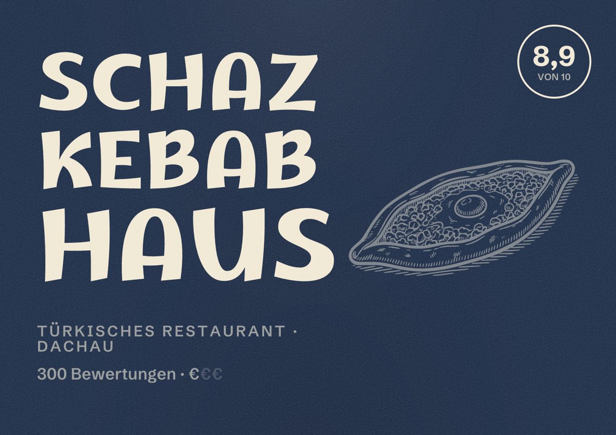 Illustriertes Poster von Schaz Kebab Haus, Türkisches Restaurant in Dachau: Bewertung 8,9 von 10 aus 300 Bewertungen, Preisniveau €