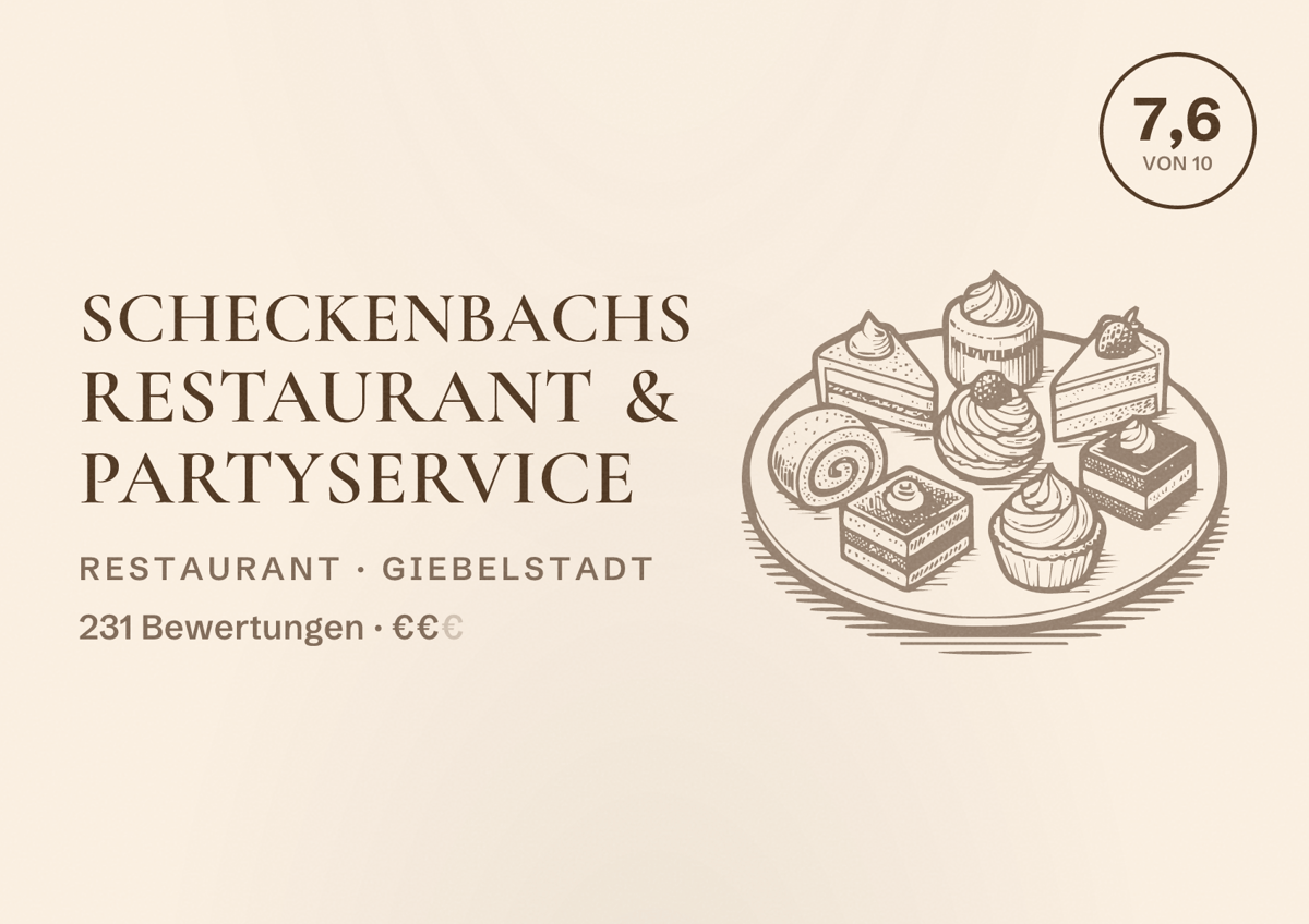 Illustriertes Poster von Scheckenbachs Restaurant & Partyservice, Restaurant in Giebelstadt: Bewertung 7,6 von 10 aus 231 Bewertungen, Preisniveau €€