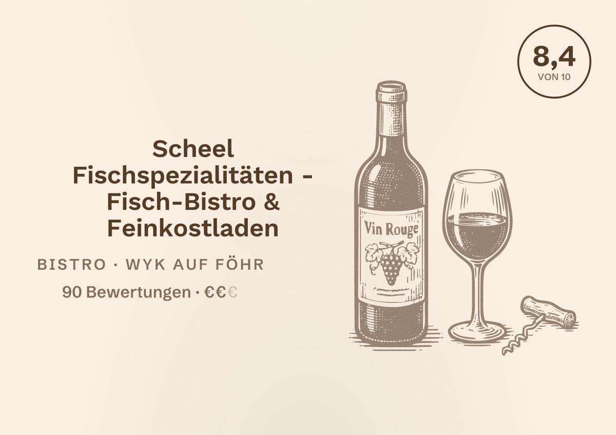 Illustriertes Poster von Scheel Fischspezialitäten - Fisch-Bistro & Feinkostladen, Bistro in Wyk auf Föhr: Bewertung 8,4 von 10 aus 90 Bewertungen, Preisniveau €€