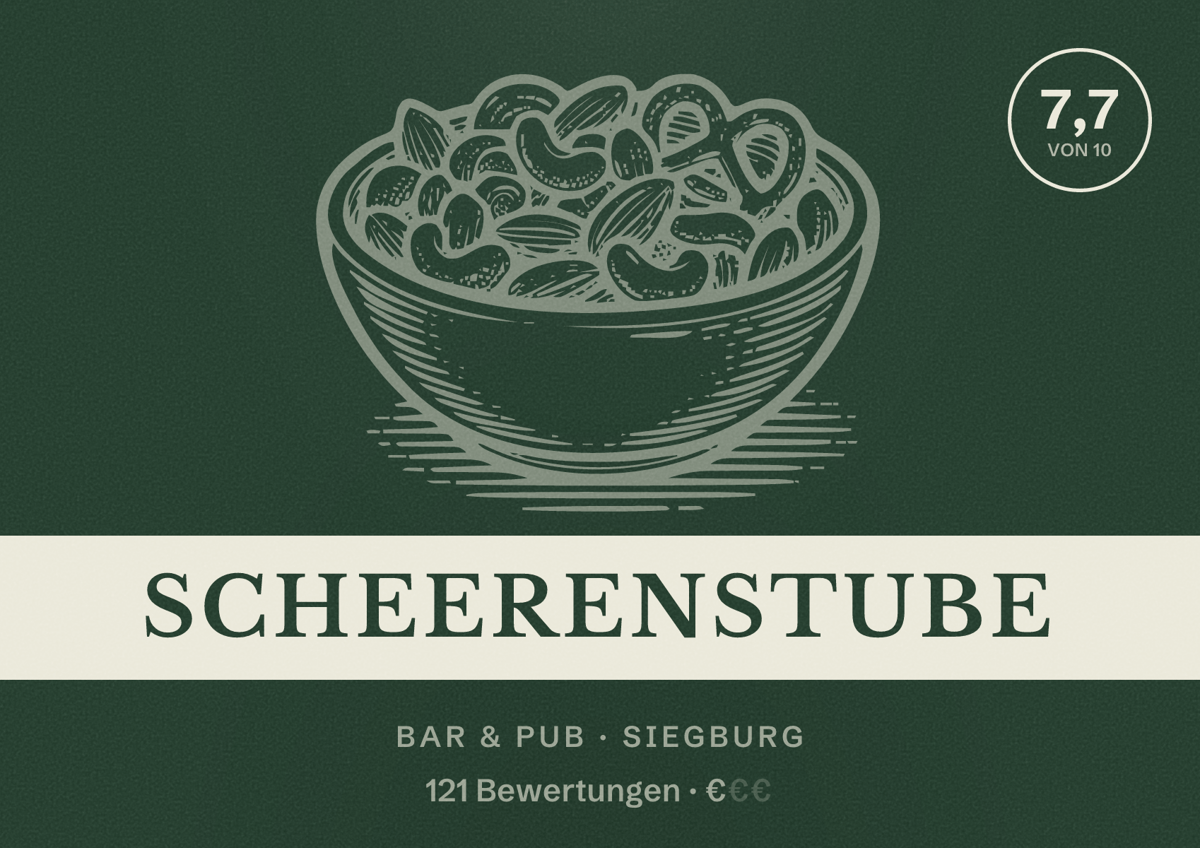 Illustriertes Poster von Scheerenstube, Bar & Pub in Siegburg: Bewertung 7,7 von 10 aus 121 Bewertungen, Preisniveau €