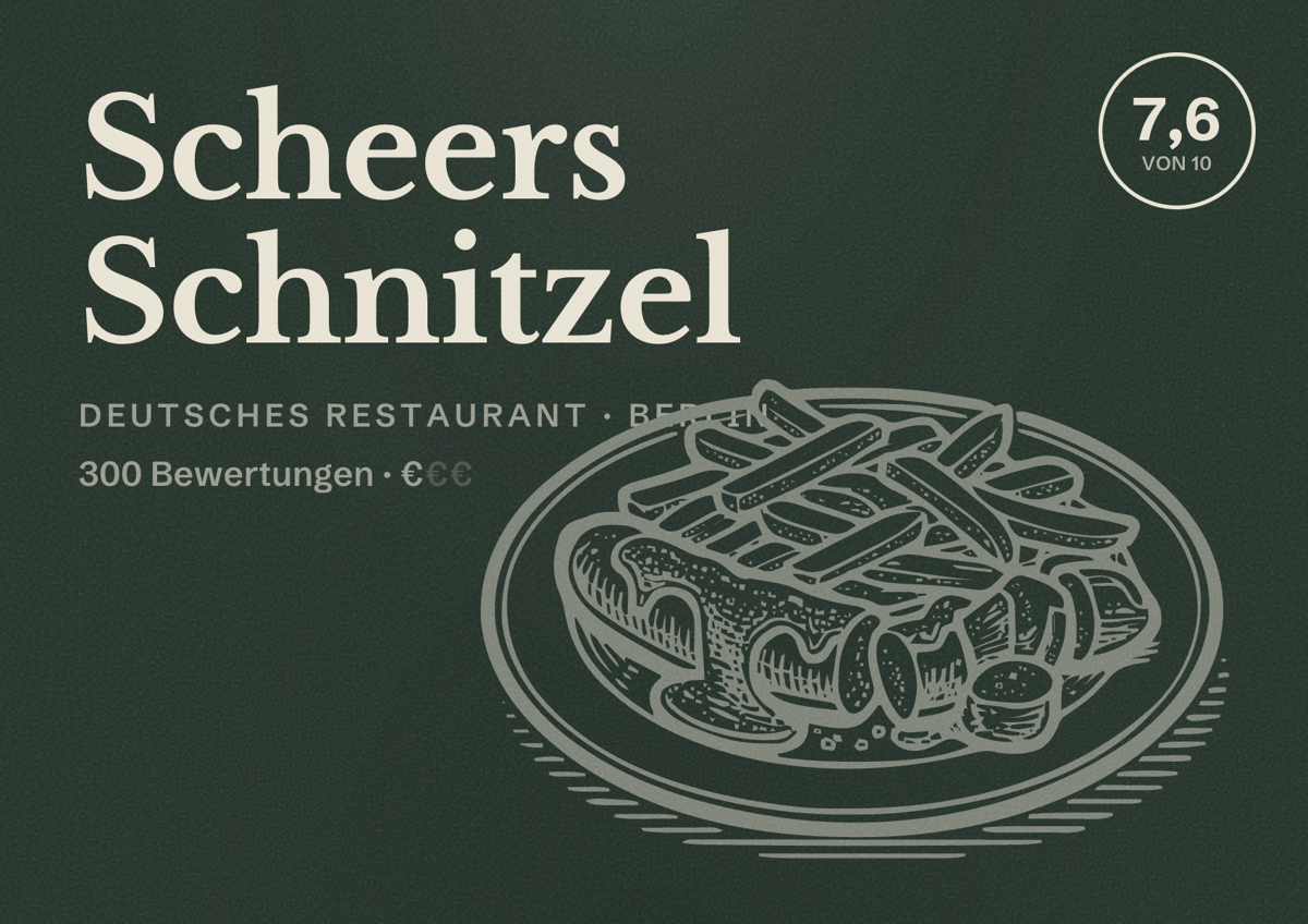 Illustriertes Poster von Scheers Schnitzel, Deutsches Restaurant in Berlin: Bewertung 7,6 von 10 aus 300 Bewertungen, Preisniveau €