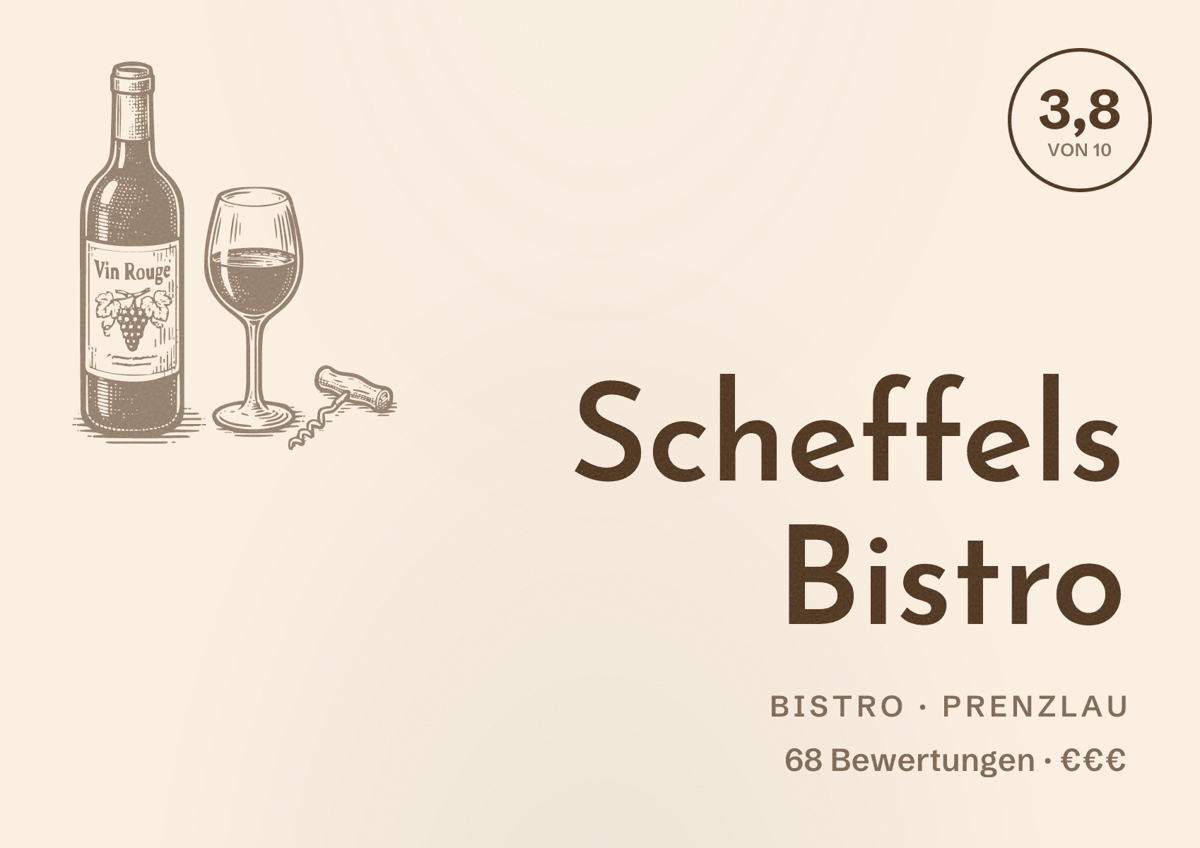 Illustriertes Poster von Scheffels Bistro, Bistro in Prenzlau: Bewertung 3,8 von 10 aus 68 Bewertungen, Preisniveau €€€