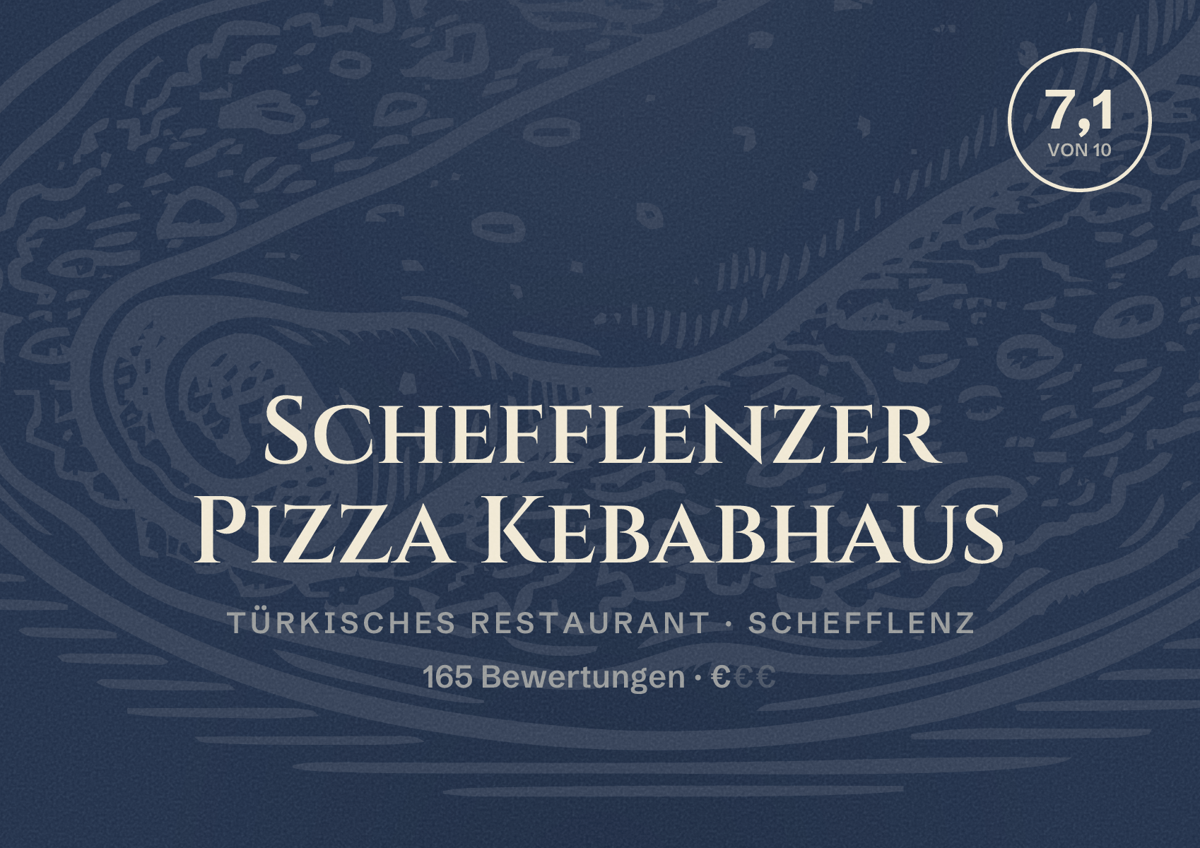 Illustriertes Poster von Schefflenzer Pizza Kebabhaus, Türkisches Restaurant in Schefflenz: Bewertung 7,1 von 10 aus 165 Bewertungen, Preisniveau €