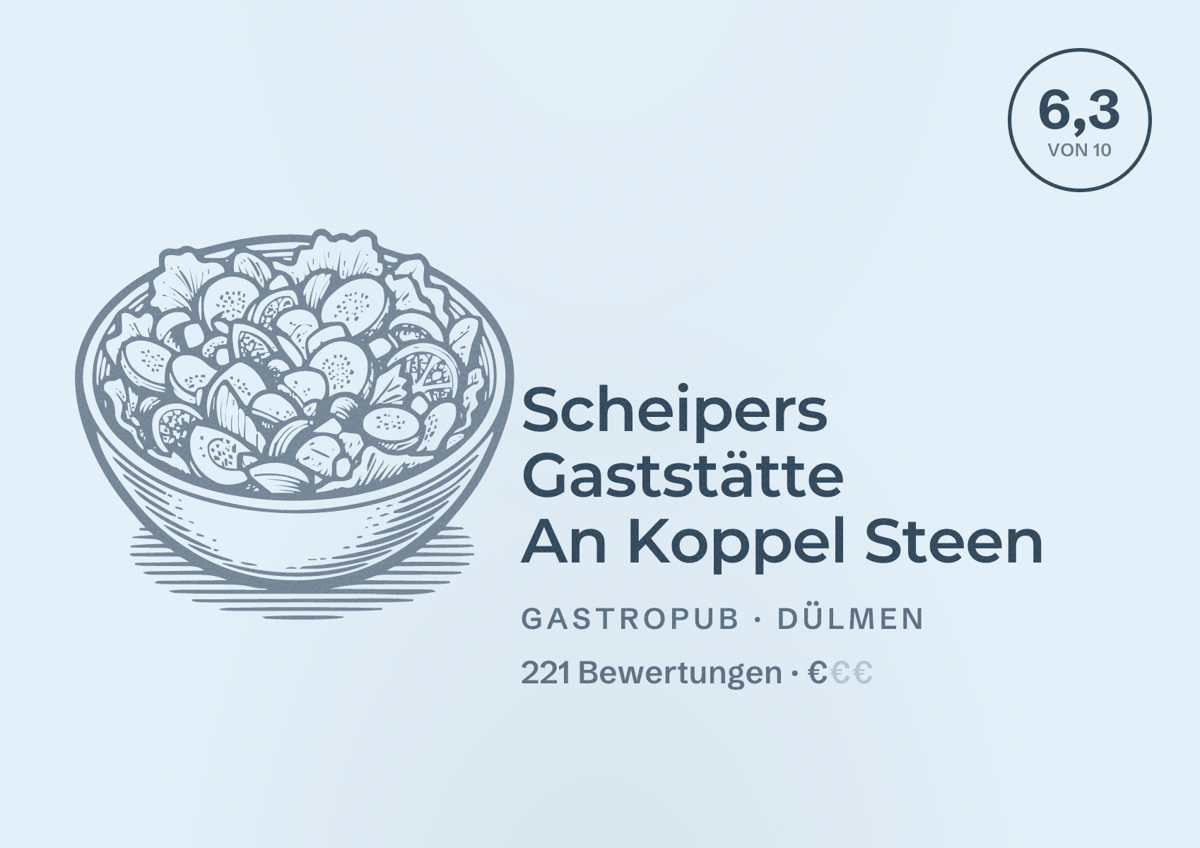 Illustriertes Poster von Scheipers Gaststätte An Koppel Steen, Gastropub in Dülmen: Bewertung 6,3 von 10 aus 221 Bewertungen, Preisniveau €