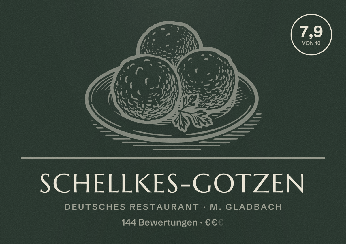 Illustriertes Poster von Schellkes-Gotzen, Deutsches Restaurant in M. Gladbach: Bewertung 7,9 von 10 aus 144 Bewertungen, Preisniveau €€