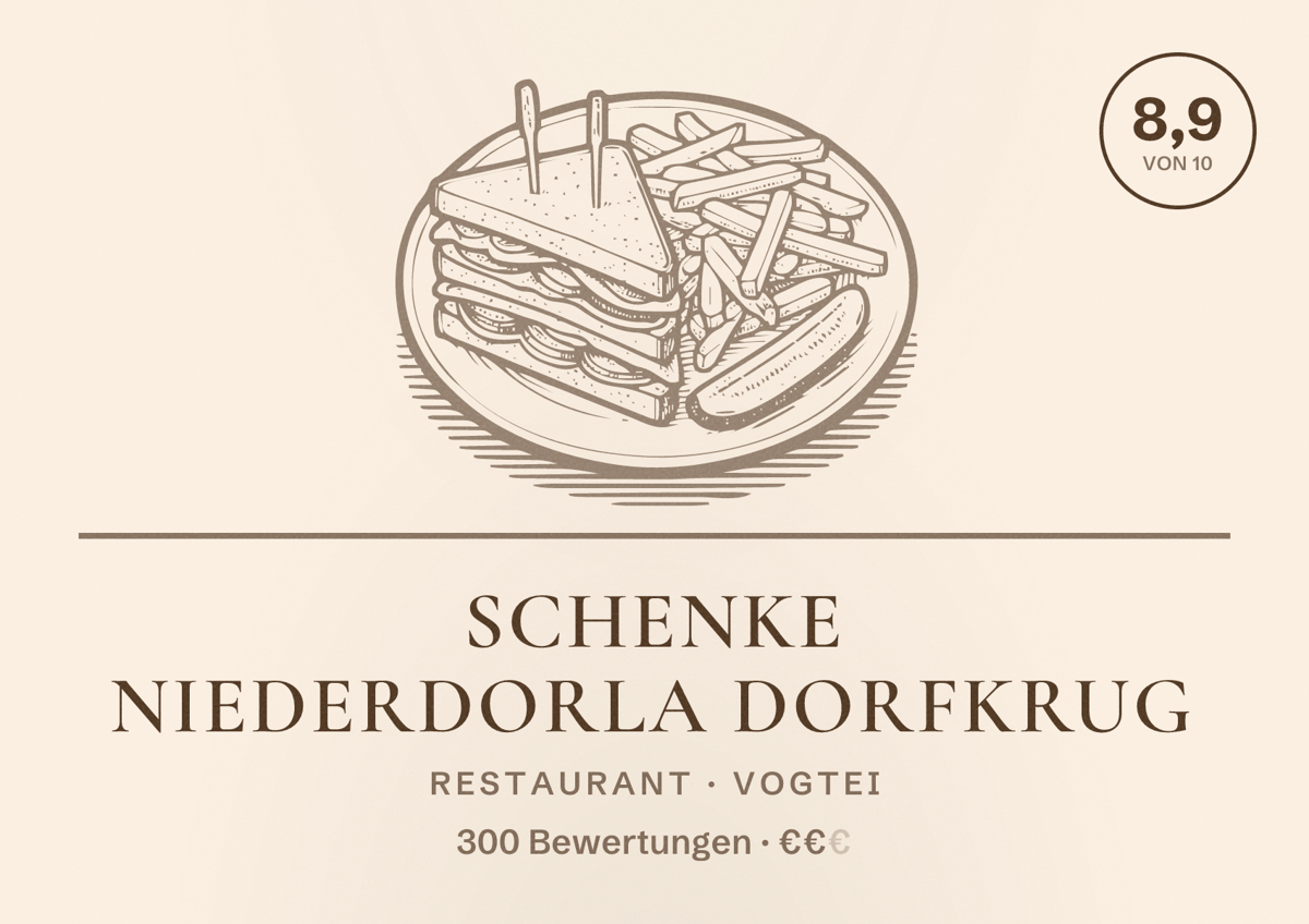 Illustriertes Poster von Schenke Niederdorla Dorfkrug, Restaurant in Vogtei: Bewertung 8,9 von 10 aus 300 Bewertungen, Preisniveau €€