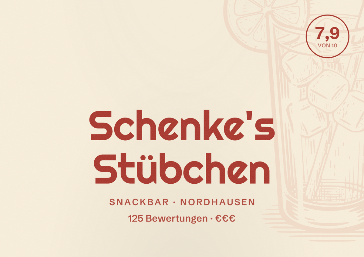 Illustriertes Poster von Schenke's Stübchen, Snackbar in Nordhausen: Bewertung 7,9 von 10 aus 125 Bewertungen, Preisniveau €€€
