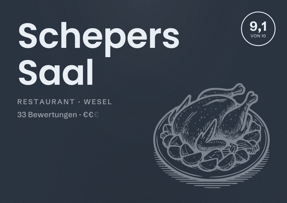 Illustriertes Poster von Schepers Saal, Restaurant in Wesel: Bewertung 9,1 von 10 aus 33 Bewertungen, Preisniveau €€