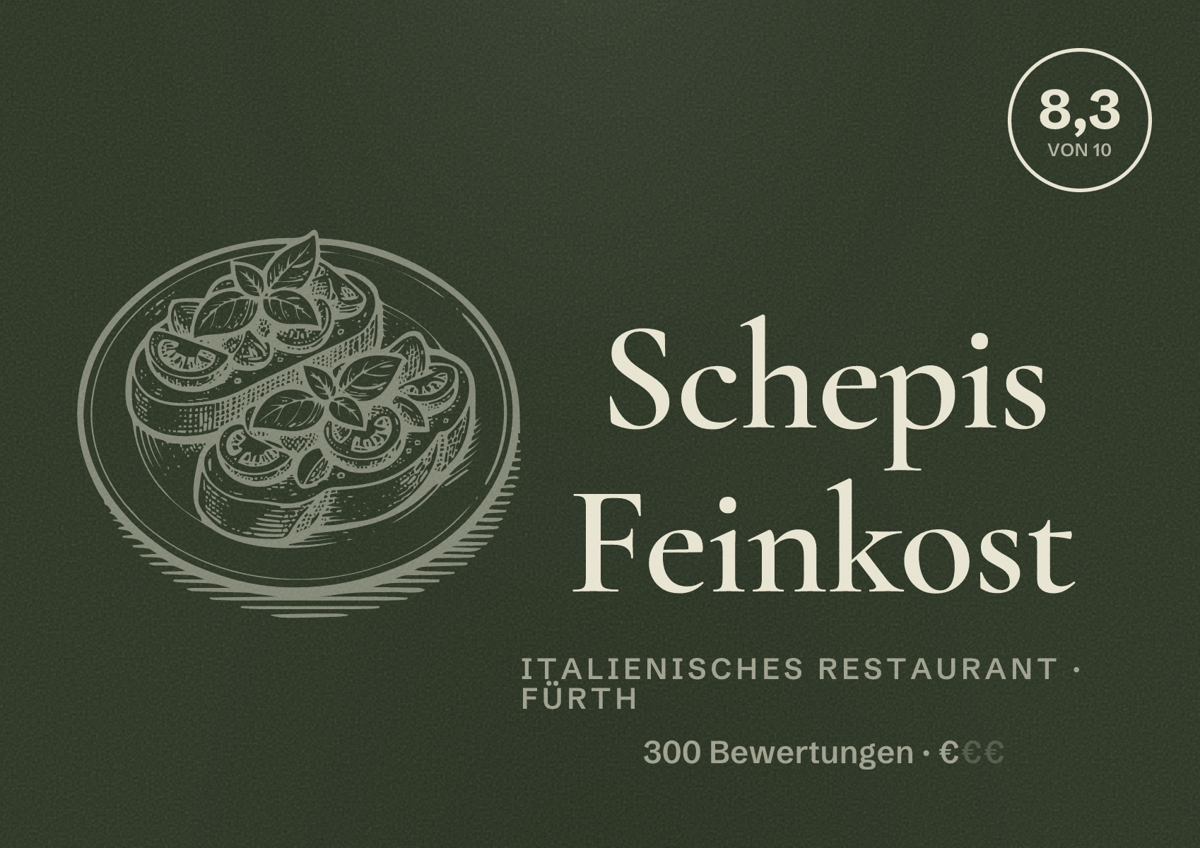 Illustriertes Poster von Schepis Feinkost, Italienisches Restaurant in Fürth: Bewertung 8,3 von 10 aus 300 Bewertungen, Preisniveau €