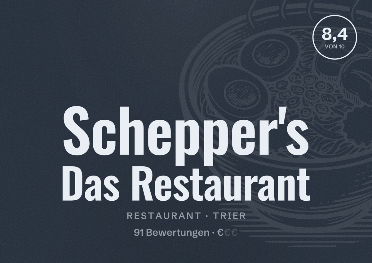Illustriertes Poster von Schepper's Das Restaurant, Restaurant in Trier: Bewertung 8,4 von 10 aus 91 Bewertungen, Preisniveau €
