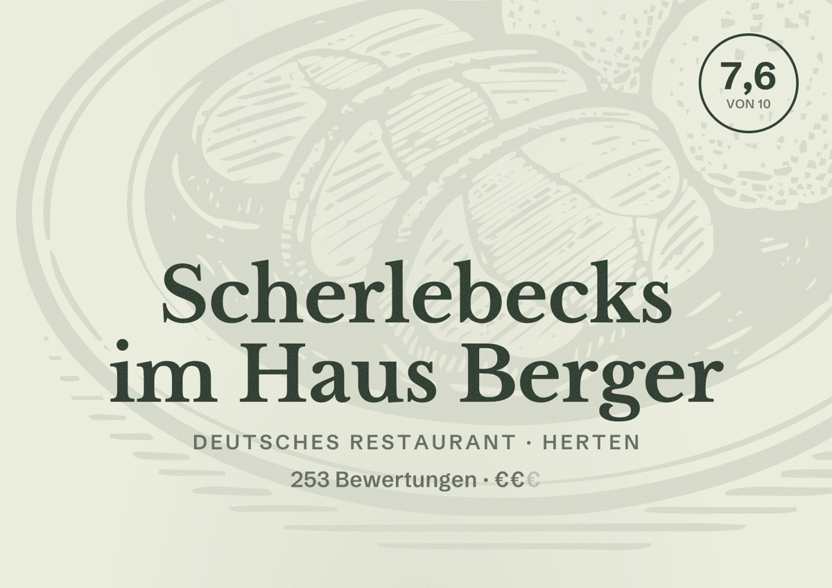 Illustriertes Poster von Scherlebecks im Haus Berger, Deutsches Restaurant in Herten: Bewertung 7,6 von 10 aus 253 Bewertungen, Preisniveau €€