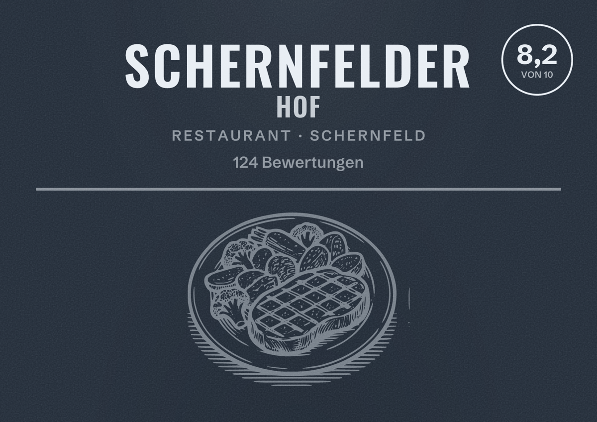 Illustriertes Poster von Schernfelder Hof, Restaurant in Schernfeld: Bewertung 8,2 von 10 aus 124 Bewertungen