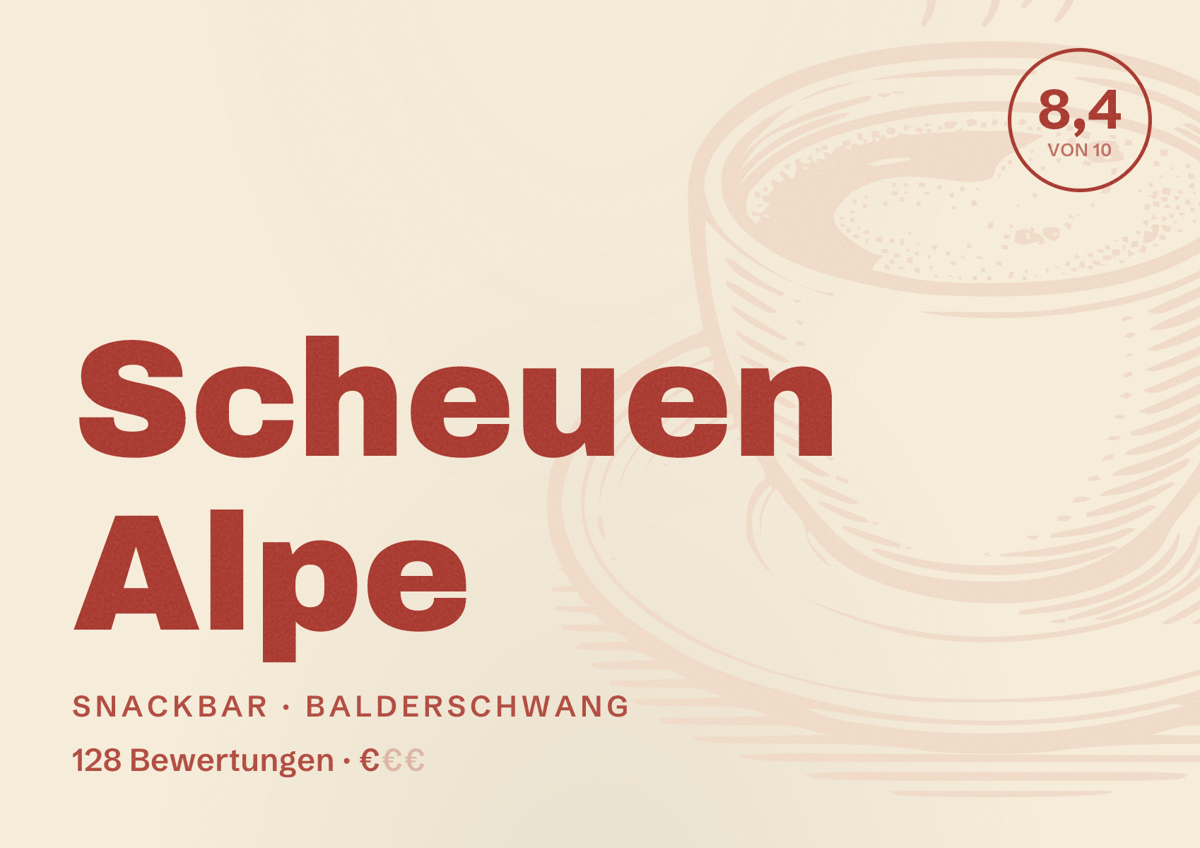 Illustriertes Poster von Scheuen Alpe, Snackbar in Balderschwang: Bewertung 8,4 von 10 aus 128 Bewertungen, Preisniveau €