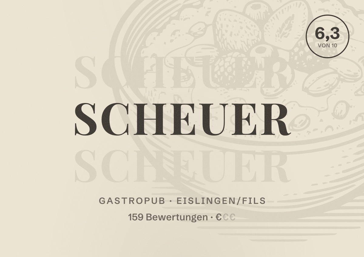 Illustriertes Poster von Scheuer, Gastropub in Eislingen/Fils: Bewertung 6,3 von 10 aus 159 Bewertungen, Preisniveau €