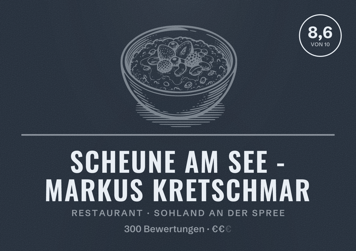 Illustriertes Poster von Scheune am See - Markus Kretschmar, Restaurant in Sohland an der Spree: Bewertung 8,6 von 10 aus 300 Bewertungen, Preisniveau €€