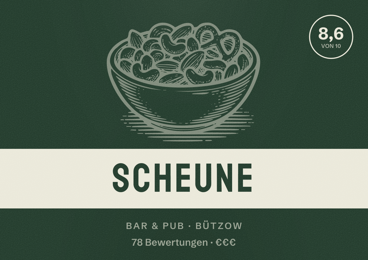 Illustriertes Poster von Scheune, Bar & Pub in Bützow: Bewertung 8,6 von 10 aus 78 Bewertungen, Preisniveau €€€
