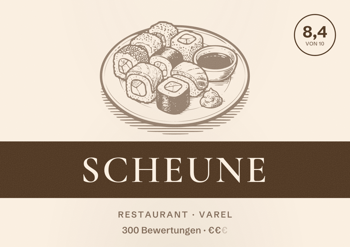 Illustriertes Poster von Scheune, Restaurant in Varel: Bewertung 8,4 von 10 aus 300 Bewertungen, Preisniveau €€