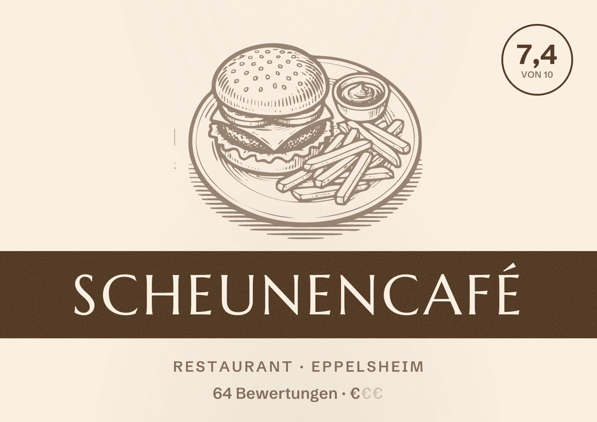 Illustriertes Poster von Scheunencafé, Restaurant in Eppelsheim: Bewertung 7,4 von 10 aus 64 Bewertungen, Preisniveau €