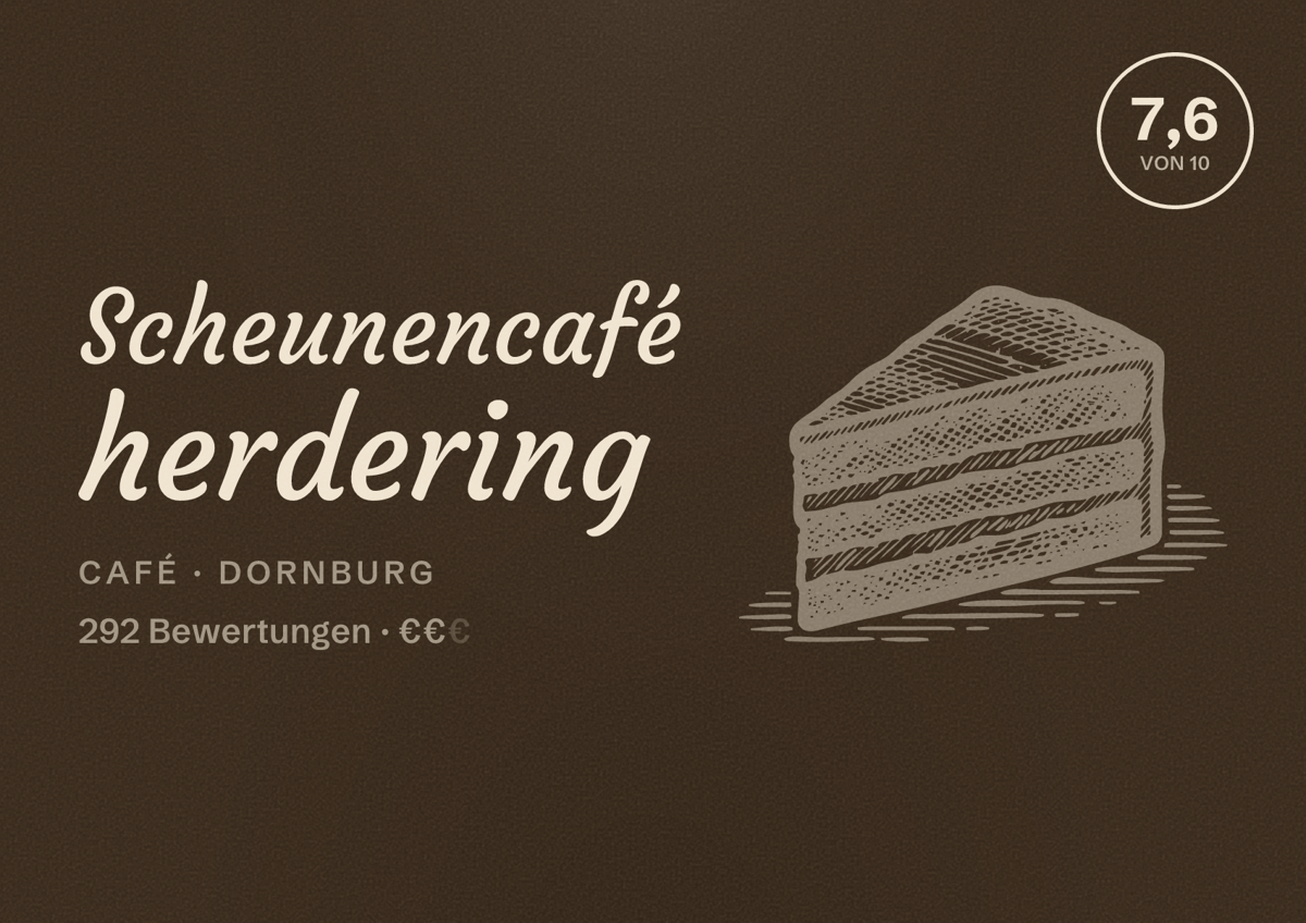 Illustriertes Poster von Scheunencafé herdering, Café in Dornburg: Bewertung 7,6 von 10 aus 292 Bewertungen, Preisniveau €€