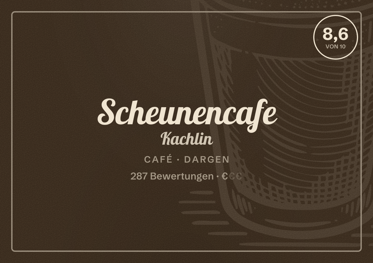 Illustriertes Poster von Scheunencafe Kachlin, Café in Dargen: Bewertung 8,6 von 10 aus 287 Bewertungen, Preisniveau €