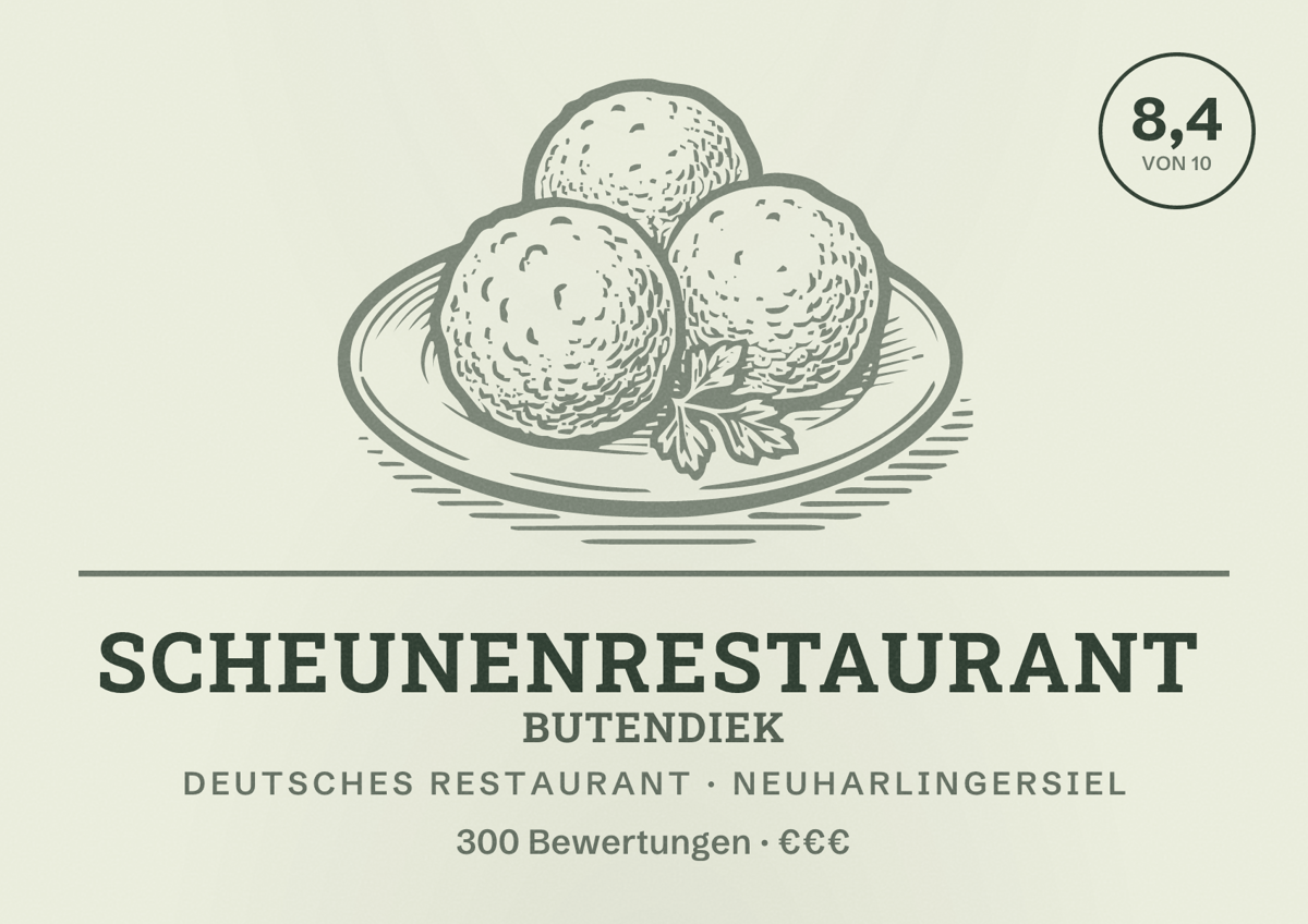 Illustriertes Poster von scheunenrestaurant butendiek, Deutsches Restaurant in Neuharlingersiel: Bewertung 8,4 von 10 aus 300 Bewertungen, Preisniveau €€€