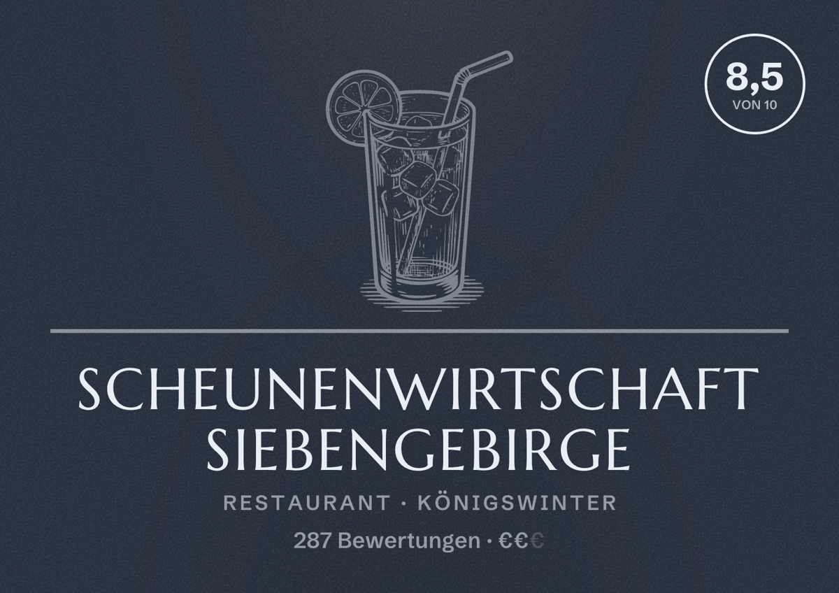 Illustriertes Poster von Scheunenwirtschaft Siebengebirge, Restaurant in Königswinter: Bewertung 8,5 von 10 aus 287 Bewertungen, Preisniveau €€
